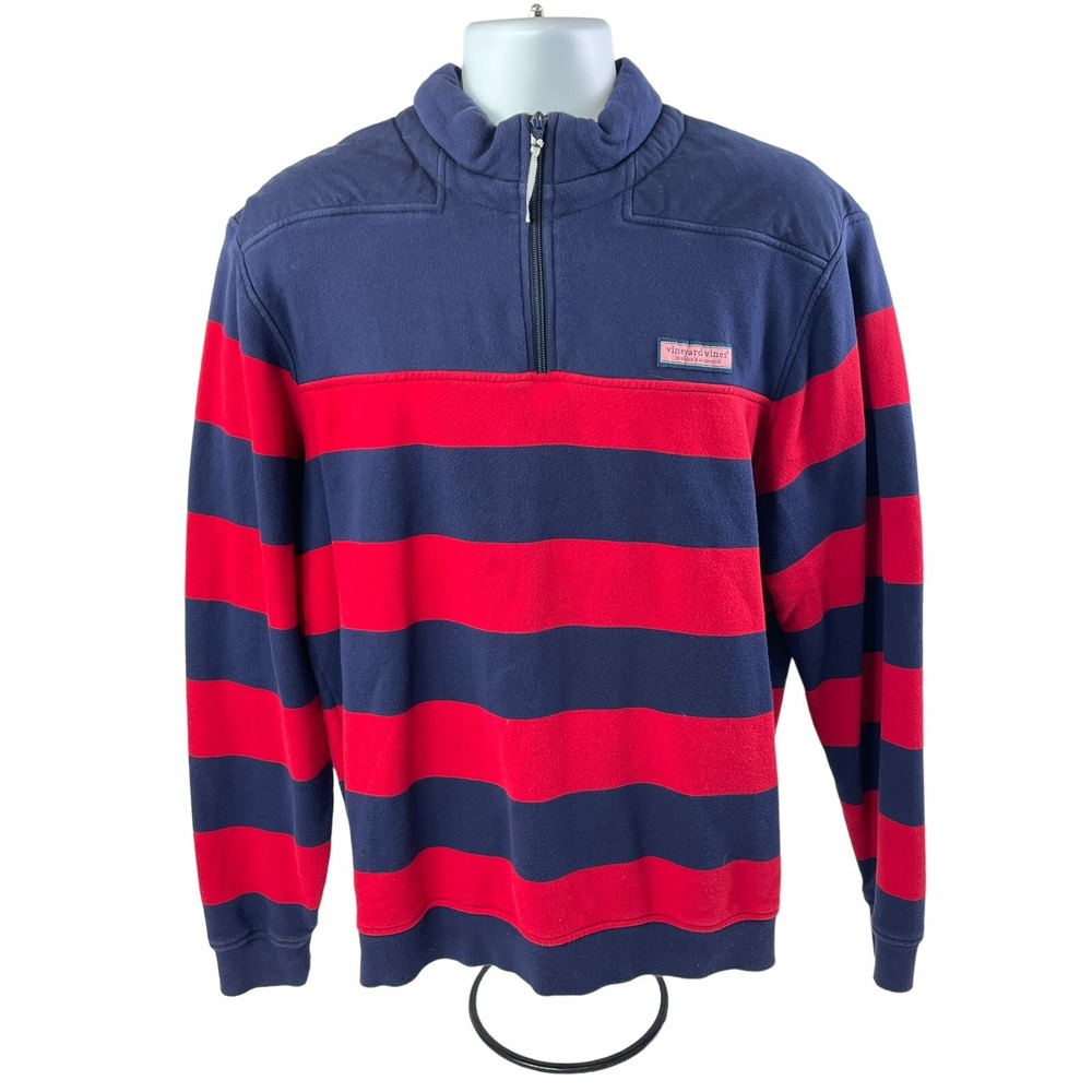 Vineyard Vines Sweater Mens Medium Blue Red Striped 1/4 Zip Fleece Thick Cotton